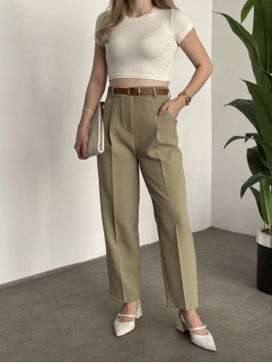 Premium dabıl kumaş kemerli pantolon yeşil