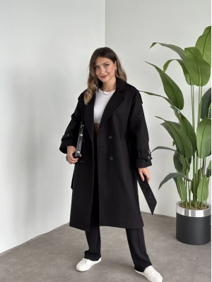 Premium kalite astarlı kaşe kaban belinden kuşaklı siyah