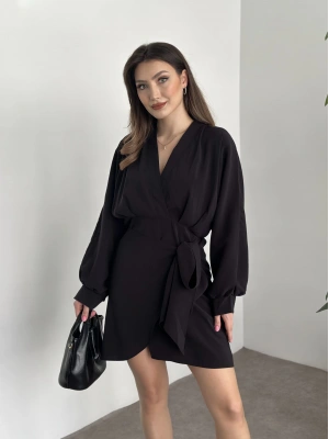 Premium kalite tensel kumaş balon kol bağlamalı elbise siyah