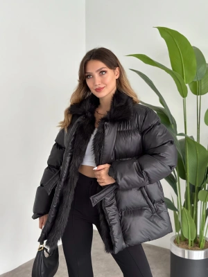 Premium kürk detaylı bağlamalı şişme mont siyah