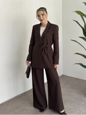 Premium yandan bağlama detaylı double kumaş takım kahve