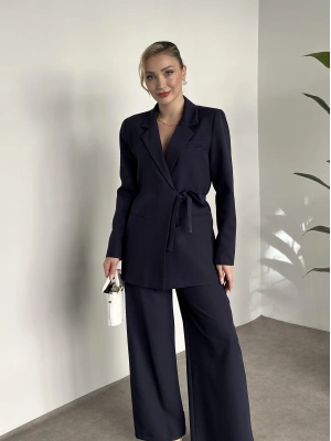 Premium yandan bağlama detaylı double kumaş takım lacivert