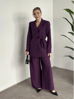 Premium yandan bağlama detaylı double kumaş takım mürdüm