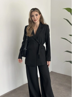 Premium yandan bağlama detaylı double kumaş takım siyah