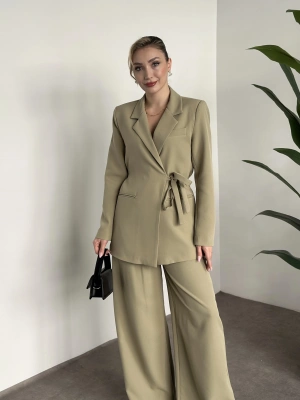 Premium yandan bağlama detaylı double kumaş takım yeşil