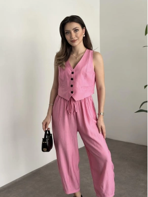 Şalvar kesim pantolon yelekli takım pembe