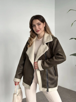 Scuba süet içi peluşlu deri biyeli biker mont yeşil