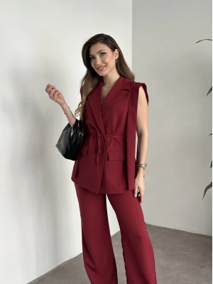 Sıfır kol belden bağlamalı kumaş takım bordo