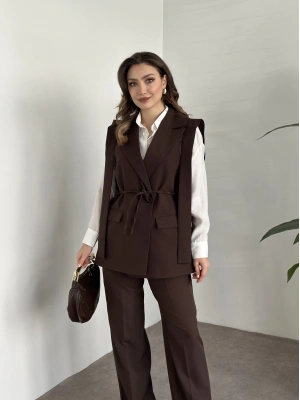 Sıfır kol belden bağlamalı kumaş takım kahve