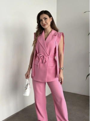 Sıfır kol belden bağlamalı kumaş takım pembe