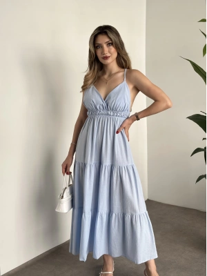 Sırt dekolteli askılı keten elbise bebek mavisi