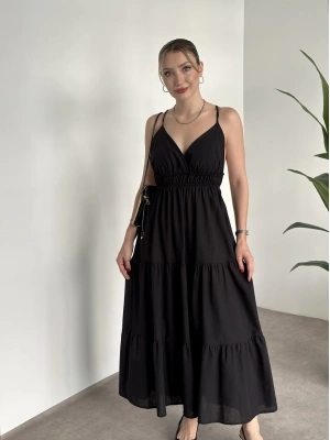 Sırt dekolteli askılı keten elbise siyah