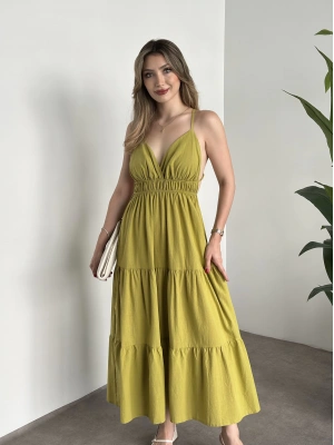 Sırt dekolteli askılı keten elbise yağ yeşili