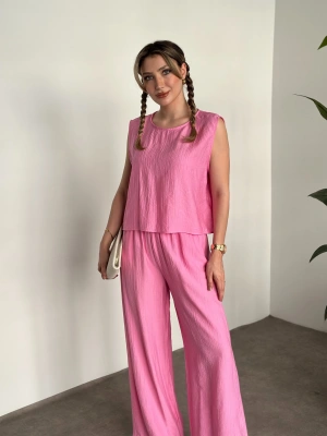 Sırtı bağlama dekolte detaylı tensel kumaş takım pembe