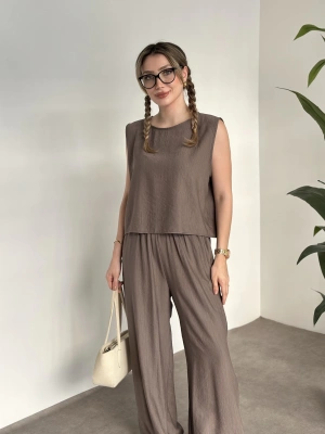 Sırtı bağlama dekolte detaylı tensel kumaş takım vizon