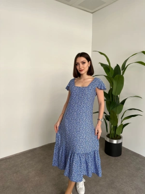 Sırtı Dekolteli Viskon Kumaş Midi Boy Elbise Mavi