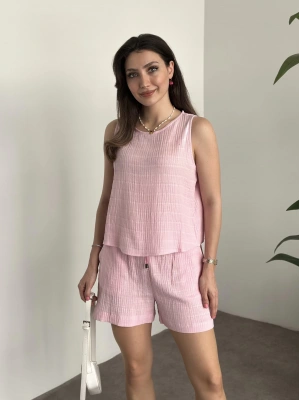 Şortlu bisiklet yaka müslim kumaş takım pembe