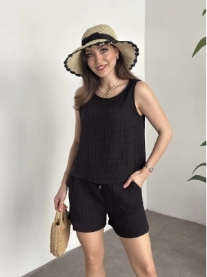 Şortlu bisiklet yaka müslim kumaş takım siyah