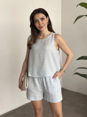 Şortlu bisiklet yaka müslim kumaş takım bebek mavisi