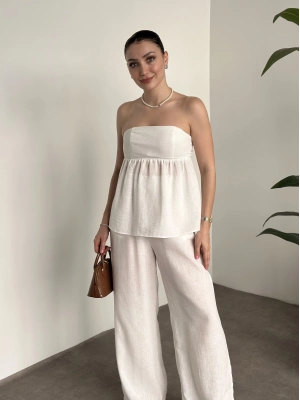 Straplez arkadan bağlama detaylı keten takım beyaz