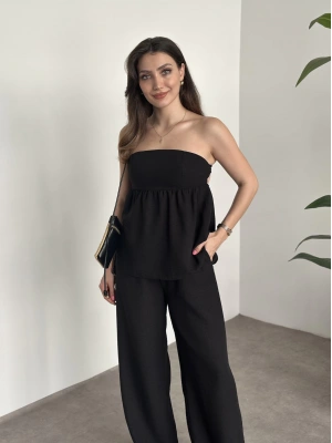 Straplez arkadan bağlama detaylı keten takım siyah