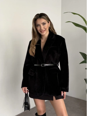 Tay tüyü astarlı kemerli ceket siyah