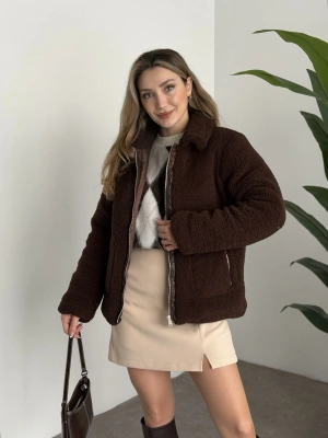 Teddy biye detaylı fermuarlı mont kahve