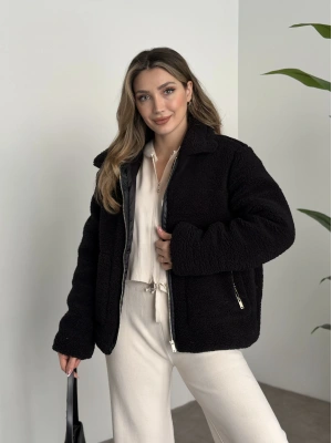 Teddy biye detaylı fermuarlı mont siyah