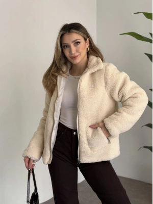 Teddy biye detaylı fermuarlı mont taş