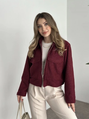 Teddy fermuarlı astarlı kısa ceket bordo