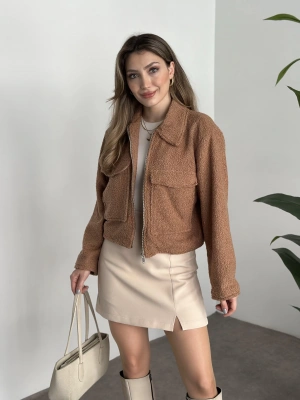 Teddy fermuarlı astarlı kısa ceket camel