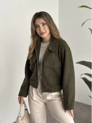 Teddy fermuarlı astarlı kısa ceket haki