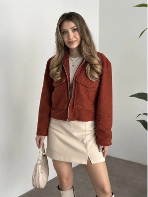 Teddy fermuarlı astarlı kısa ceket kiremit
