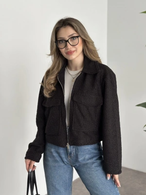 Teddy fermuarlı astarlı kısa ceket siyah
