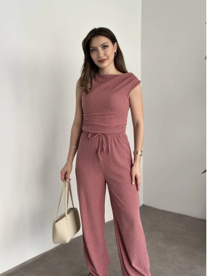 Tek omuz detay bürümcük kumaş takım pembe
