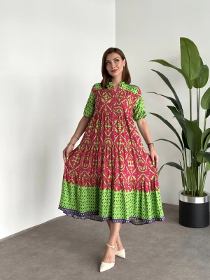 Üç kat Parçalı Bol Kesim Pamuklu Viskon Kumaş Elbise Yeşil Pembe