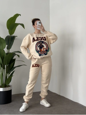 Üç iplik şardonlu ucla baskı eşofman takımı krem