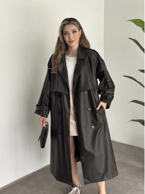 Uzun beli kuşaklı oversize astarlı deri trençkot kahve
