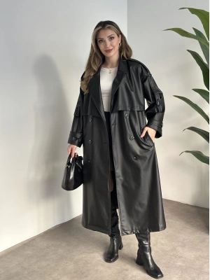 Uzun beli kuşaklı oversize astarlı deri trençkot siyah