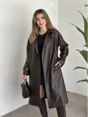 Uzun belinden kemerli deri trenç kahve