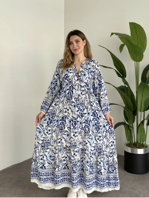 Uzun Boy Dekolte Bol Kesim Pamuklu Viskon Elbise Beyaz Mavi