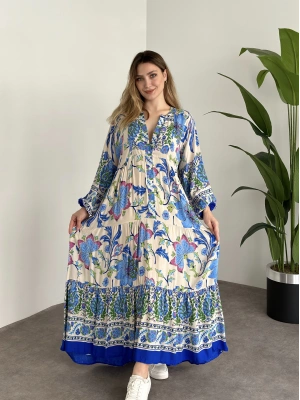 Uzun Boy Dekolte Bol Kesim Pamuklu Viskon Elbise Mavi Krem