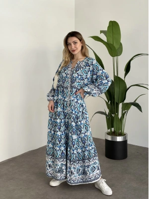 Uzun Boy Dekolte Bol Kesim Pamuklu Viskon Elbise Turkuaz