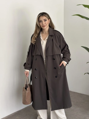 Uzun düğmeli beli kuşaklı oversize astarlı trençkot acı kahve