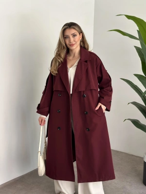 Uzun düğmeli beli kuşaklı oversize astarlı trençkot bordo