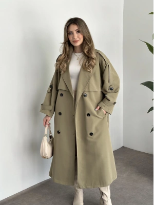 Uzun düğmeli beli kuşaklı oversize astarlı trençkot yeşil