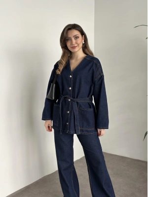 V yaka belinden kuşaklı premium kot takım