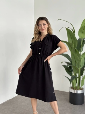 Yanı Çıt Çıtlı Terni Elbise Siyah