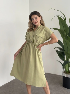 Yanı Çıt Çıtlı Terni Elbise Yağ Yeşili