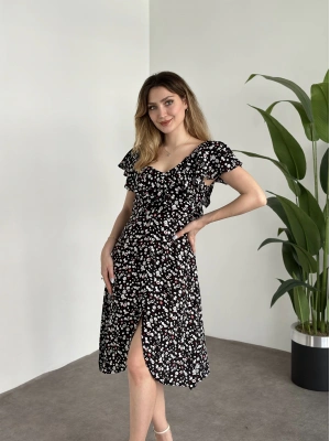 Yırtmaçlı Yakası İki Şekilde Kullanılabilir Pamuklu Viskon Elbise Siyah Beyaz